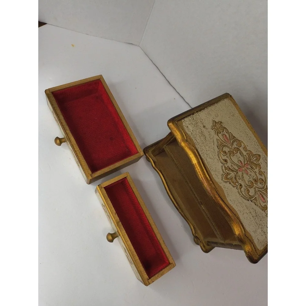 VTG 1960s Florentine Style 2-Drawer SM/LG Wood Music Jewelry Box WORKS 5.5